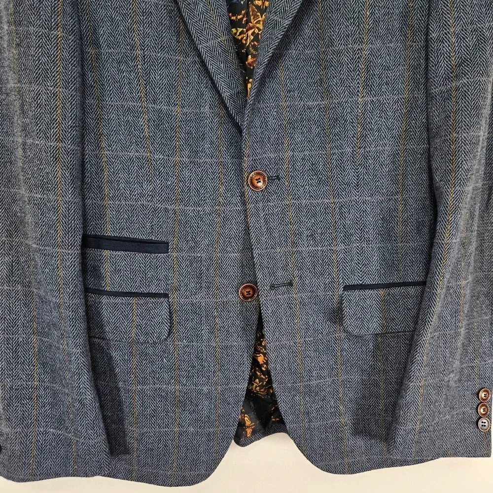 Men's Polyester Tweed Sport Coat Blazer Two Button Blue Plaid Size 36R